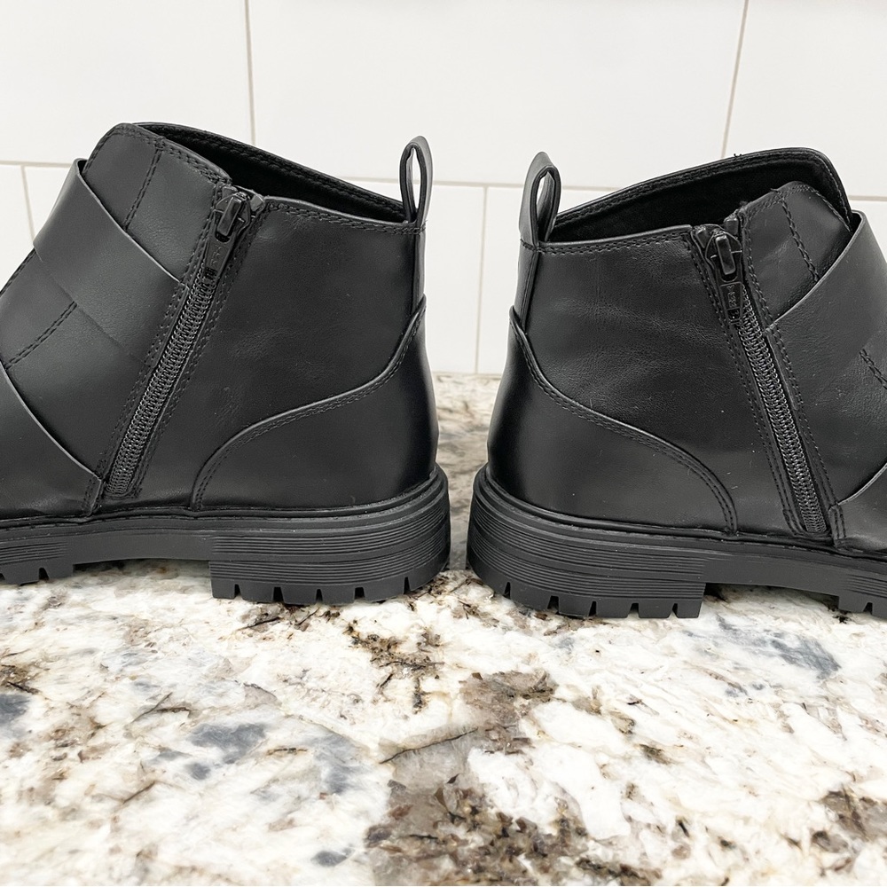 9, 9.5 SO Black with silver buckle faux leather ankle combat booties - Picture 10 of 11